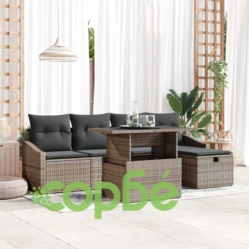 Градински комплект мебели 6 части с възглавници сив полиратан ➤ топ цена ➤ sorbe.bg