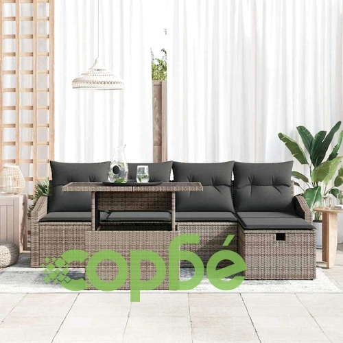 Градински комплект мебели 6 части с възглавници сив полиратан ➤ топ цена ➤ sorbe.bg