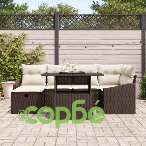 Градински комплект мебели 7 части с възглавници кафяв полиратан ➤ топ цена ➤ sorbe.bg