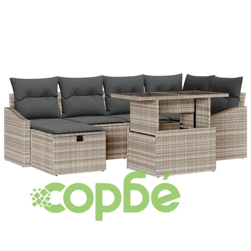 Градински комплект мебели 7 части полиратан светлосиво с възглавници ➤ топ цена ➤ sorbe.bg