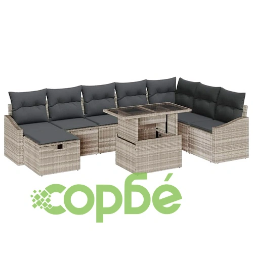 Градински комплект софа 9 части с възглавници светлосиво полиратан ➤ топ цена ➤ sorbe.bg