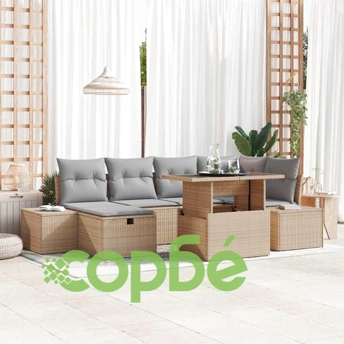 Градински комплект мебели от полиратан 7 части с възглавници бежов ➤ топ цена ➤ sorbe.bg