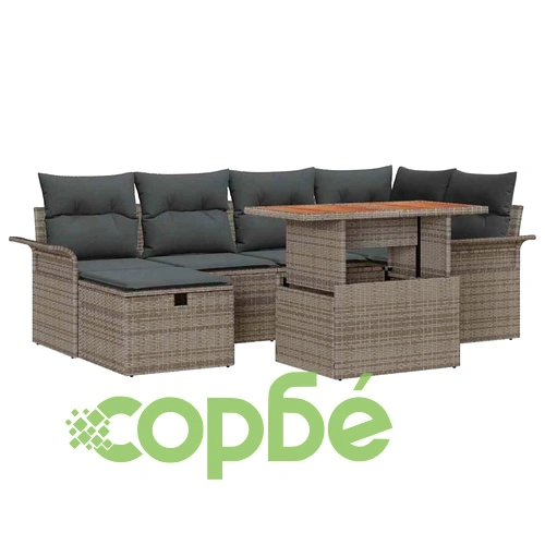 7-частен градински комплект от полиратан с възглавници в сив цвят ➤ топ цена ➤ sorbe.bg