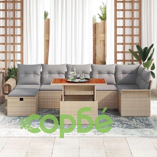 Градински комплект софа 8 части с възглавници бежов полиратан ➤ топ цена ➤ sorbe.bg