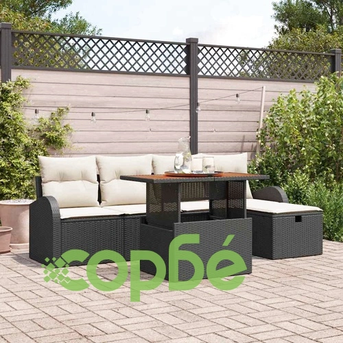 6-частен градински комплект мебели от полиратан с възглавници в черно ➤ топ цена ➤ sorbe.bg