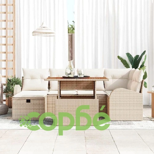 Градински ъглов диван комплект 7 части с възглавници бежов полиратан ➤ топ цена ➤ sorbe.bg