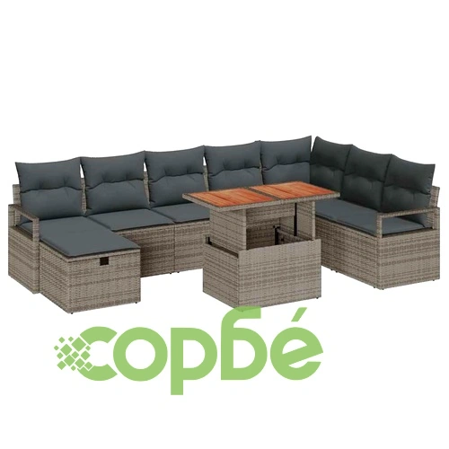 Градински комплект мебели 9 части с възглавници сив полиратан 100x55x73 см ➤ топ цена ➤ sorbe.bg