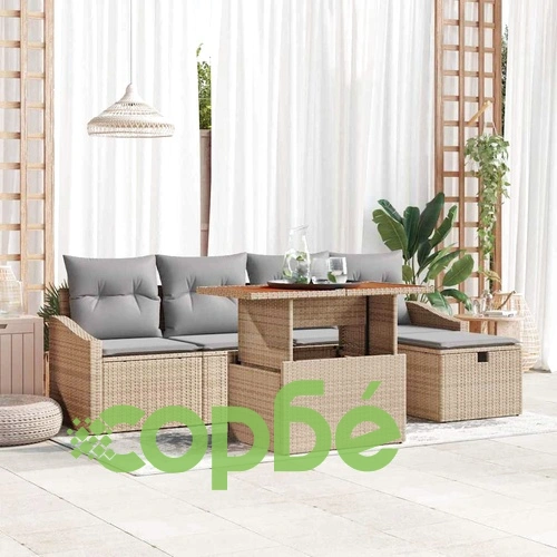 Градински комплект софа 6 части с възглавници бежов полиратан ➤ топ цена ➤ sorbe.bg