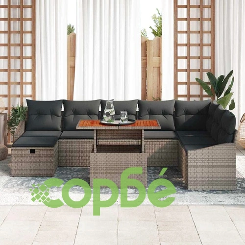 Градински комплект мебели от полиратан 9 части с възглавници сив ➤ топ цена ➤ sorbe.bg