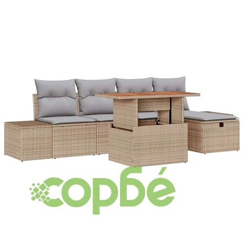 Градински комплект мебели полиратан 6 части с възглавници бежов 100x55x73 см ➤ топ цена ➤ sorbe.bg