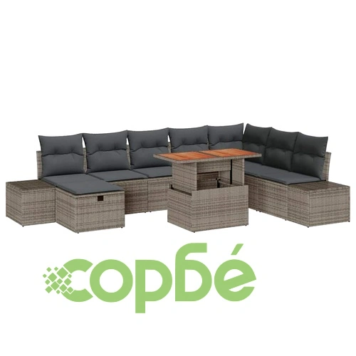 Градински комплект мебели 9 части с възглавници сив полиратан ➤ топ цена ➤ sorbe.bg