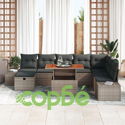 Градински комплект мебели 9 части с възглавници сив полиратан ➤ топ цена ➤ sorbe.bg