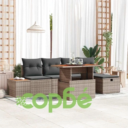 Градински комплект мебели 6 части с възглавници сив полиратан ➤ топ цена ➤ sorbe.bg