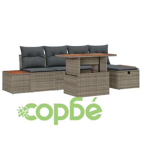 Градински комплект мебели 6 части с възглавници сив полиратан ➤ топ цена ➤ sorbe.bg