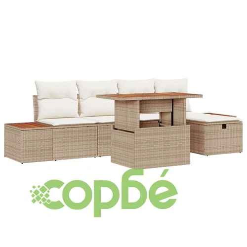 Градински комплект мебели 6 части с възглавници бежов полиратан ➤ топ цена ➤ sorbe.bg