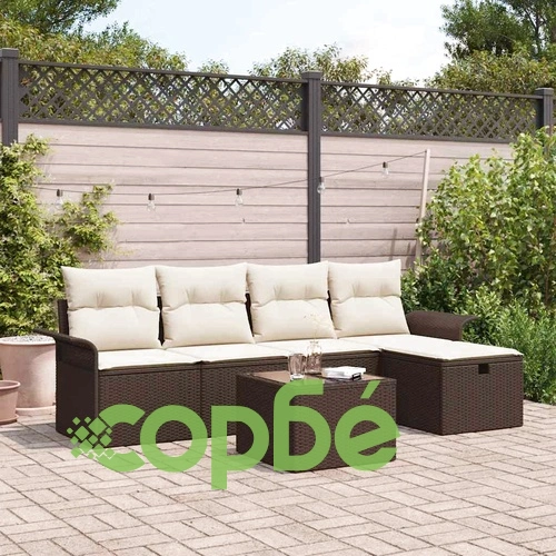Градински комплект мебели от полиратан 6 части с възглавници кафяв ➤ топ цена ➤ sorbe.bg
