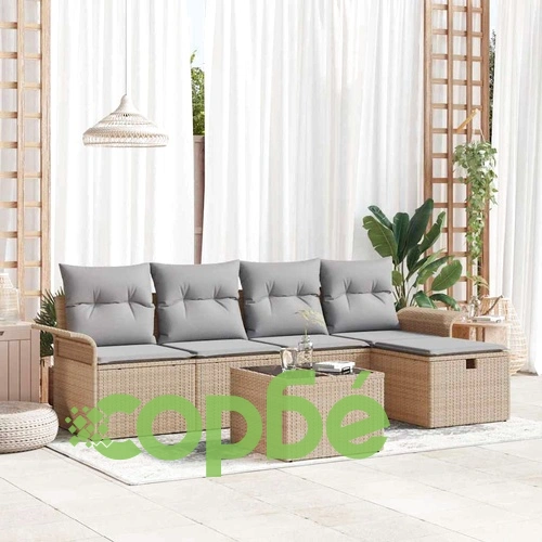 Градински диван комплект 6 части с възглавници бежов полиратан ➤ топ цена ➤ sorbe.bg