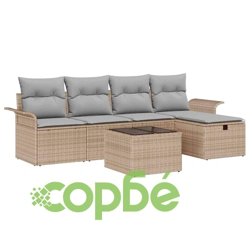 Градински диван комплект 6 части с възглавници бежов полиратан ➤ топ цена ➤ sorbe.bg