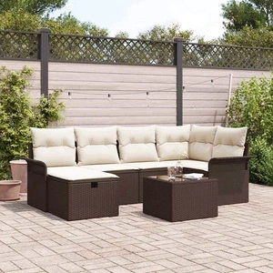 Градински диван комплект от полиратан 7 части с възглавници кафяв