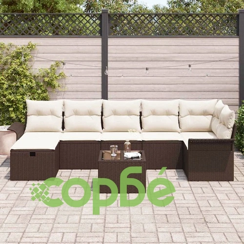 8-части Градински Комплект Софа с Възглавници Кафяв Полиратан ➤ топ цена ➤ sorbe.bg