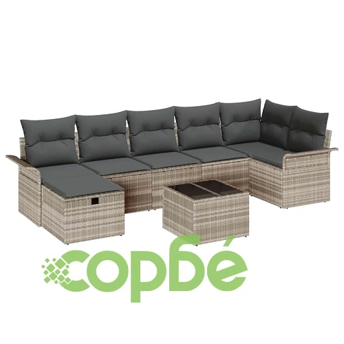 Градински комплект мебели 8 части полиратан светлосиво с възглавници ➤ топ цена ➤ sorbe.bg