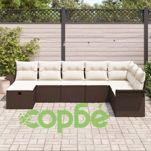 Градински диван комплект 8 части с възглавници кафяв полиратан 297x187x85 см ➤ топ цена ➤ sorbe.bg