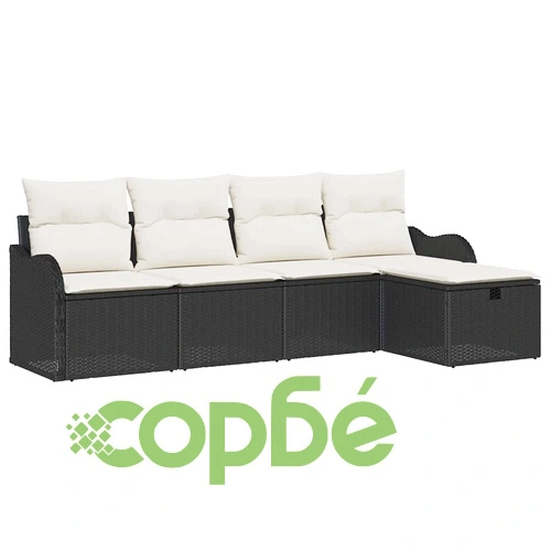 Градински комплект диван 5 части с възглавници черен полиратан ➤ топ цена ➤ sorbe.bg