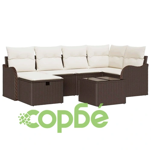 Градински комплект мебели 7 части с възглавници кафяв полиратан 69см ➤ топ цена ➤ sorbe.bg