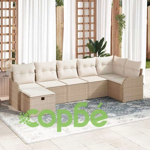 7-Части Градински Диван Комплект с Възглавници Бежов Полиратан 287x122x85 см ➤ топ цена ➤ sorbe.bg