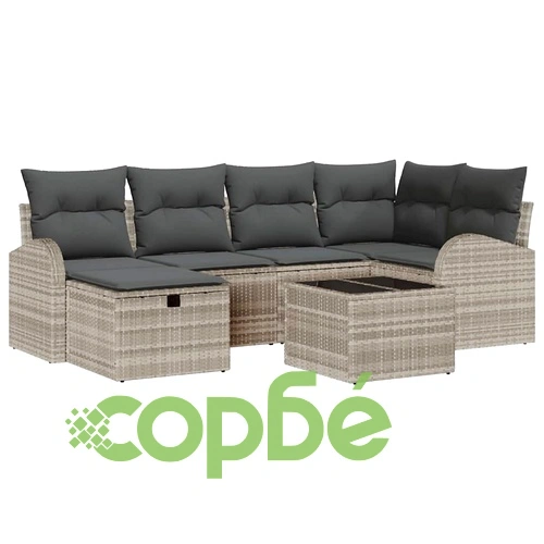 Градински комплект мебели 7 части полиратан светлосив с възглавници ➤ топ цена ➤ sorbe.bg