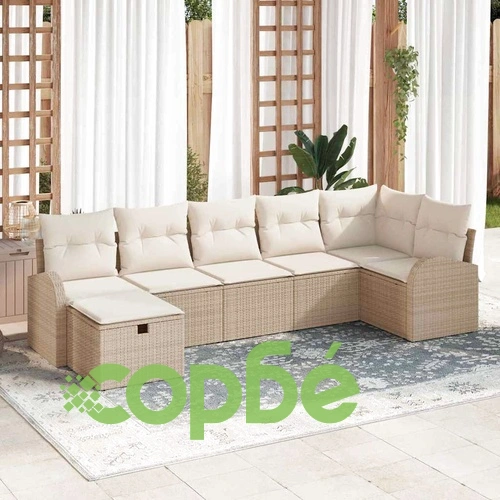 Градински комплект мебели от полиратан 7 части с възглавници - бежов ➤ топ цена ➤ sorbe.bg