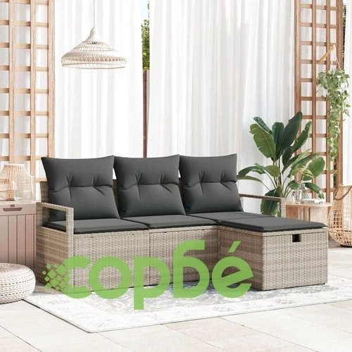 Градински комплект мебели 4 части светлосиво полиратан с възглавници ➤ топ цена ➤ sorbe.bg