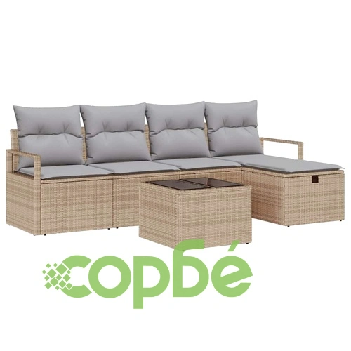 6-частен градински комплект софа с възглавници бежов полиратан ➤ топ цена ➤ sorbe.bg