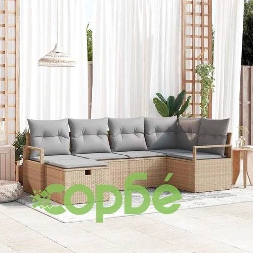 Градински модулен диван комплект 6 места с възглавници, бежов полиратан 232x122 см ➤ топ цена ➤ sorbe.bg