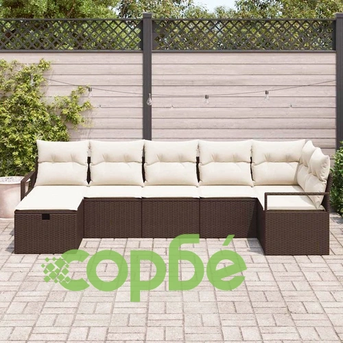 Градински комплект мебели от полиратан 7 части с възглавници, кафяв ➤ топ цена ➤ sorbe.bg