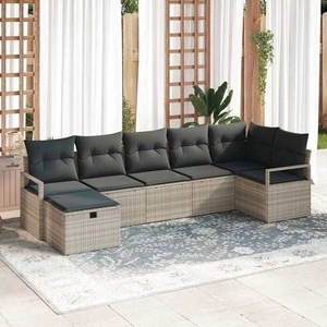 Градински комплект софа 7 части светлосиво полиратан с възглавници