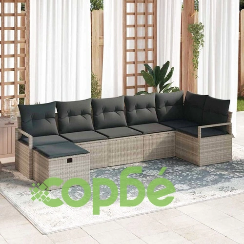 Градински комплект софа 7 части светлосиво полиратан с възглавници ➤ топ цена ➤ sorbe.bg