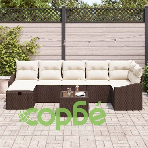 Градински диван комплект 8 части кафяв полиратан 55x62x69 см с възглавници ➤ топ цена ➤ sorbe.bg