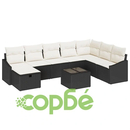 Градински комплект мебели 9 части черен полиратан 55x62x69 см с възглавници ➤ топ цена ➤ sorbe.bg