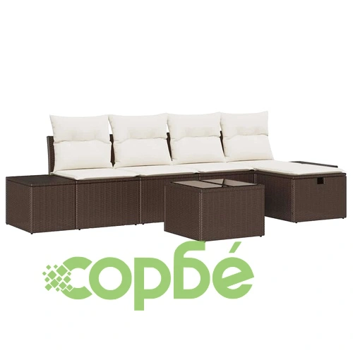 Градински комплект мебели 6 части кафяв полиратан 55x62x69 см с възглавници ➤ топ цена ➤ sorbe.bg