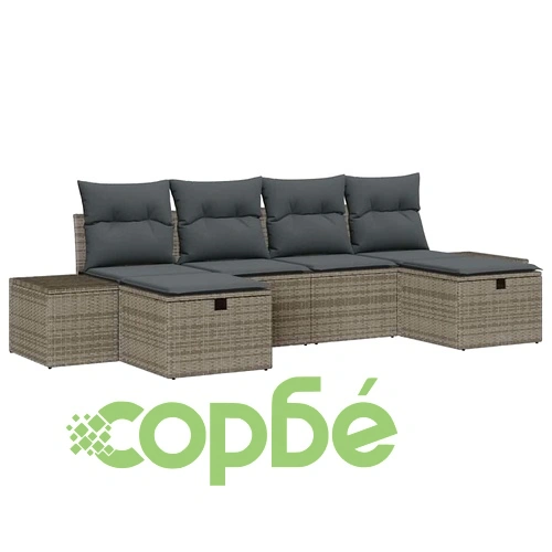 Градински комплект мебели 6 части сив полиратан 55x62x69 см с възглавници ➤ топ цена ➤ sorbe.bg