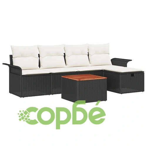 Градински комплект мебели 6 части с възглавници черен полиратан ➤ топ цена ➤ sorbe.bg