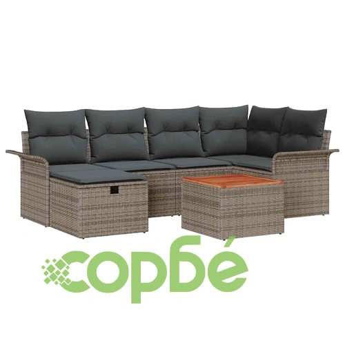 Градински комплект 7 части с възглавници сив полиратан 55x55x37 см ➤ топ цена ➤ sorbe.bg