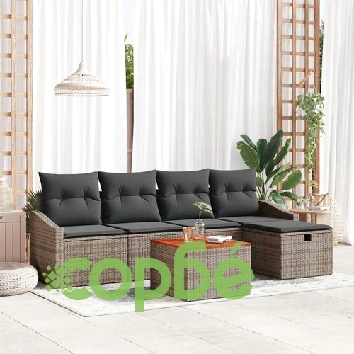 Градински комплект мебели полиратан 6 части с възглавници сив 55x55x37 см ➤ топ цена ➤ sorbe.bg