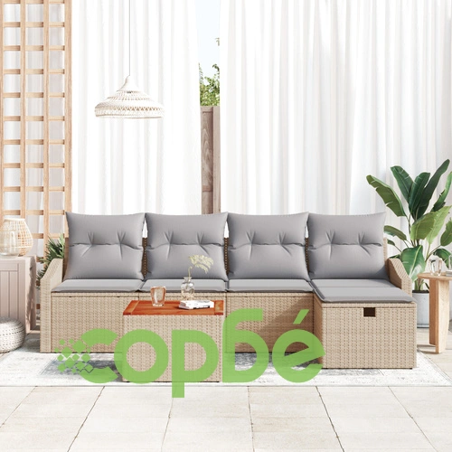 Градински диван комплект 6 части от ратан и текстил в сиво и бежово ➤ топ цена ➤ sorbe.bg