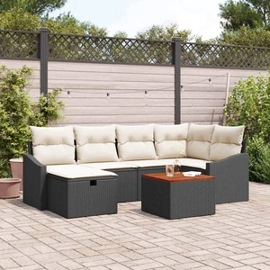 7-части градински комплект с възглавници черен полиратан 55x55x37 см