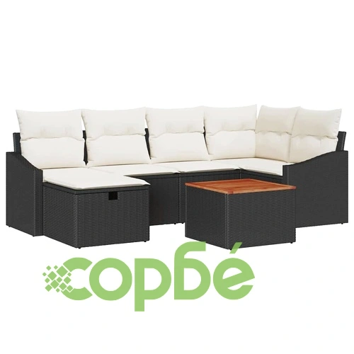 7-части градински комплект с възглавници черен полиратан 55x55x37 см ➤ топ цена ➤ sorbe.bg