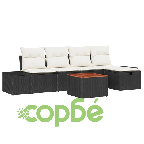 Комплект градински мебели от 6 части - диван, табуретка и маса от ратан в бежово и черно ➤ топ цена ➤ sorbe.bg