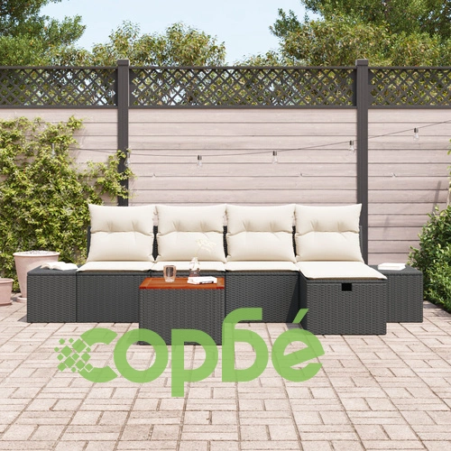 Комплект градински мебели от 6 части - диван, табуретка и маса от ратан в бежово и черно ➤ топ цена ➤ sorbe.bg