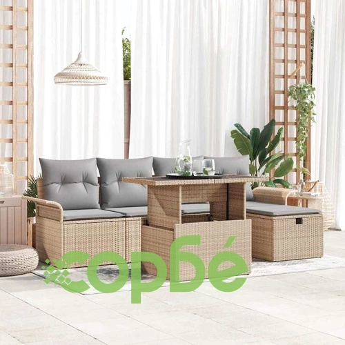 Градински комплект софа 6 части с възглавници от полиратан бежов ➤ топ цена ➤ sorbe.bg